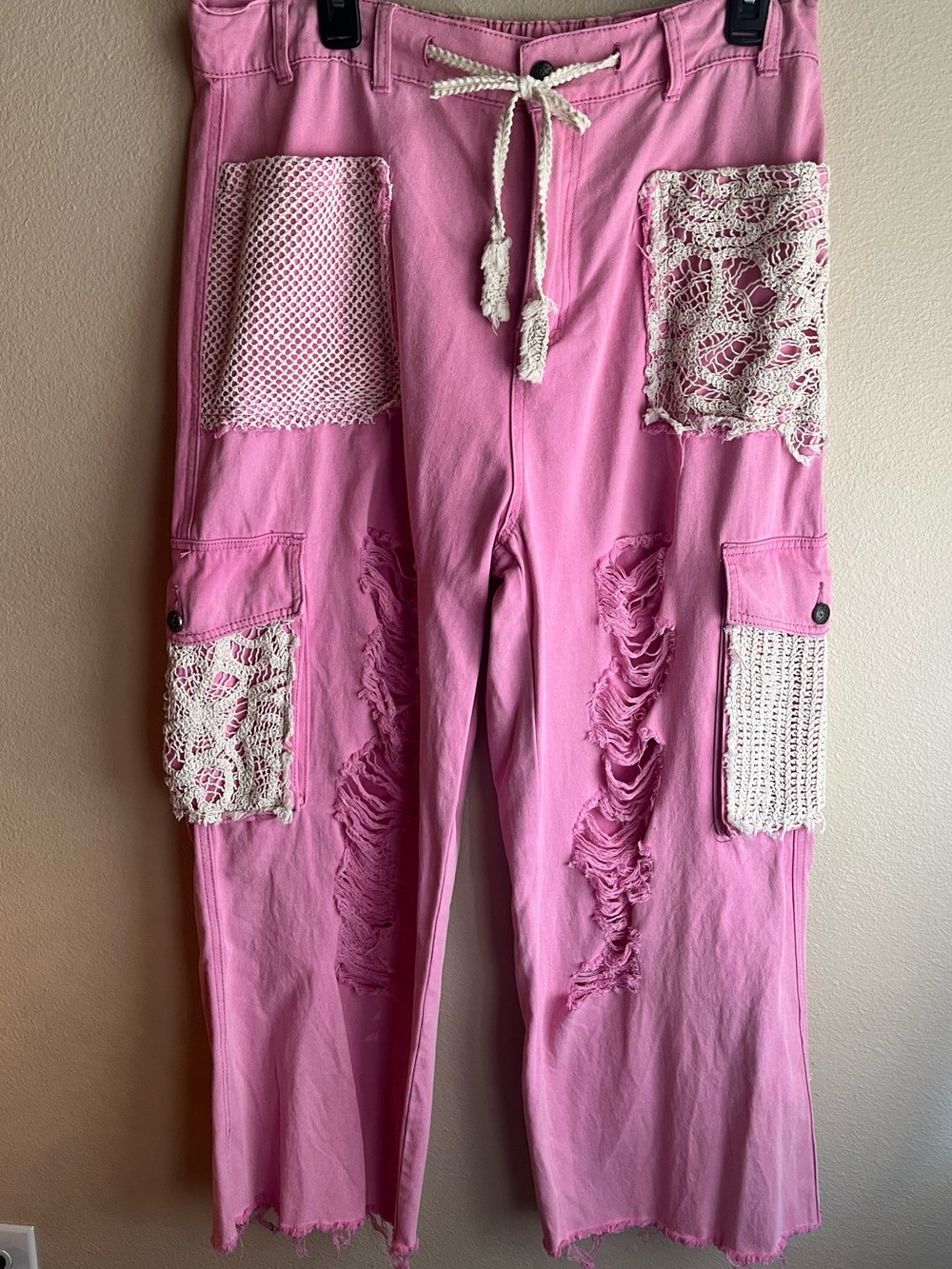POL Pink Crochet Patch Distressed Cargo Joggers